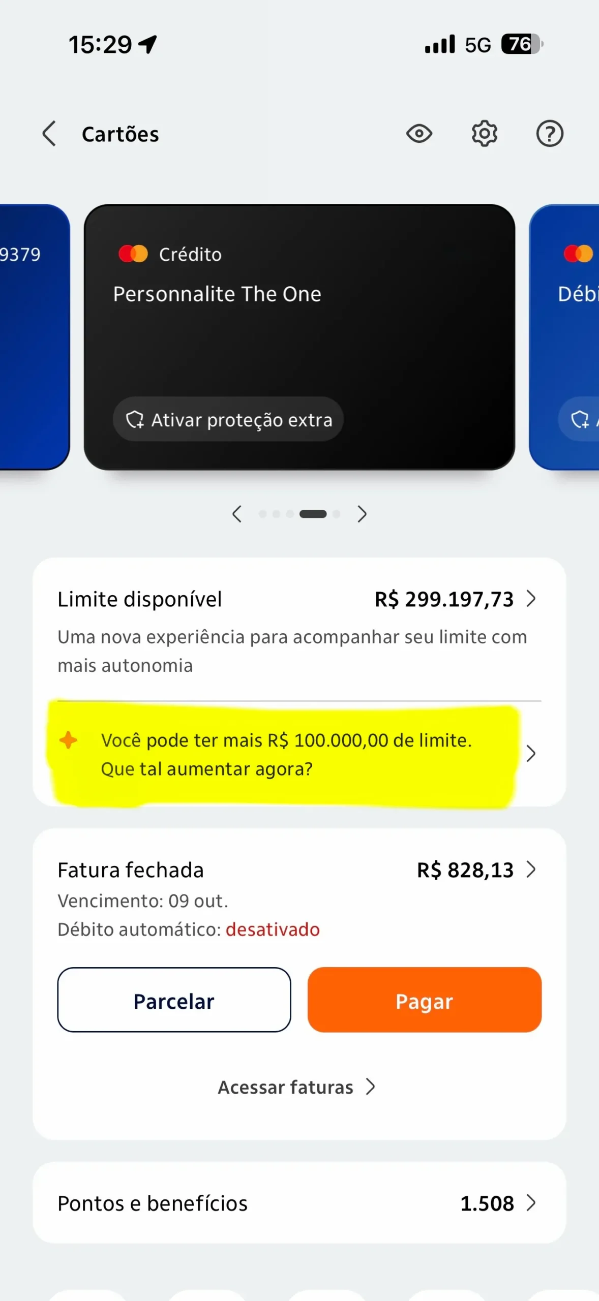 Tela de aumento de limite no Itaú The One