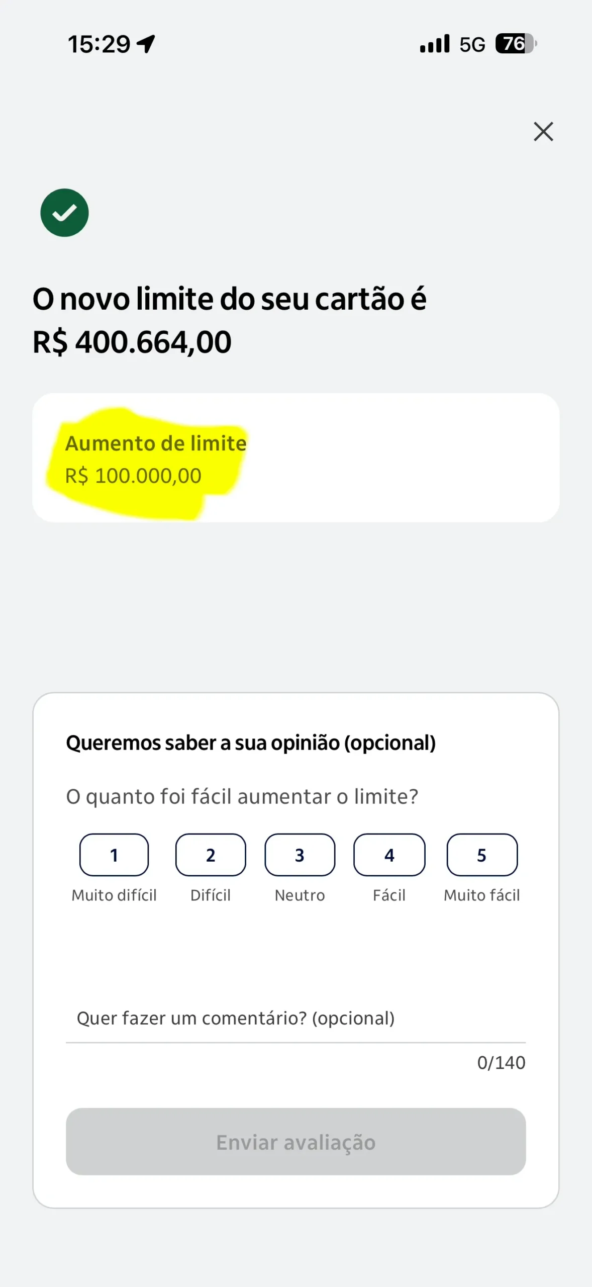 Tela de aumento de limite no Itaú The One